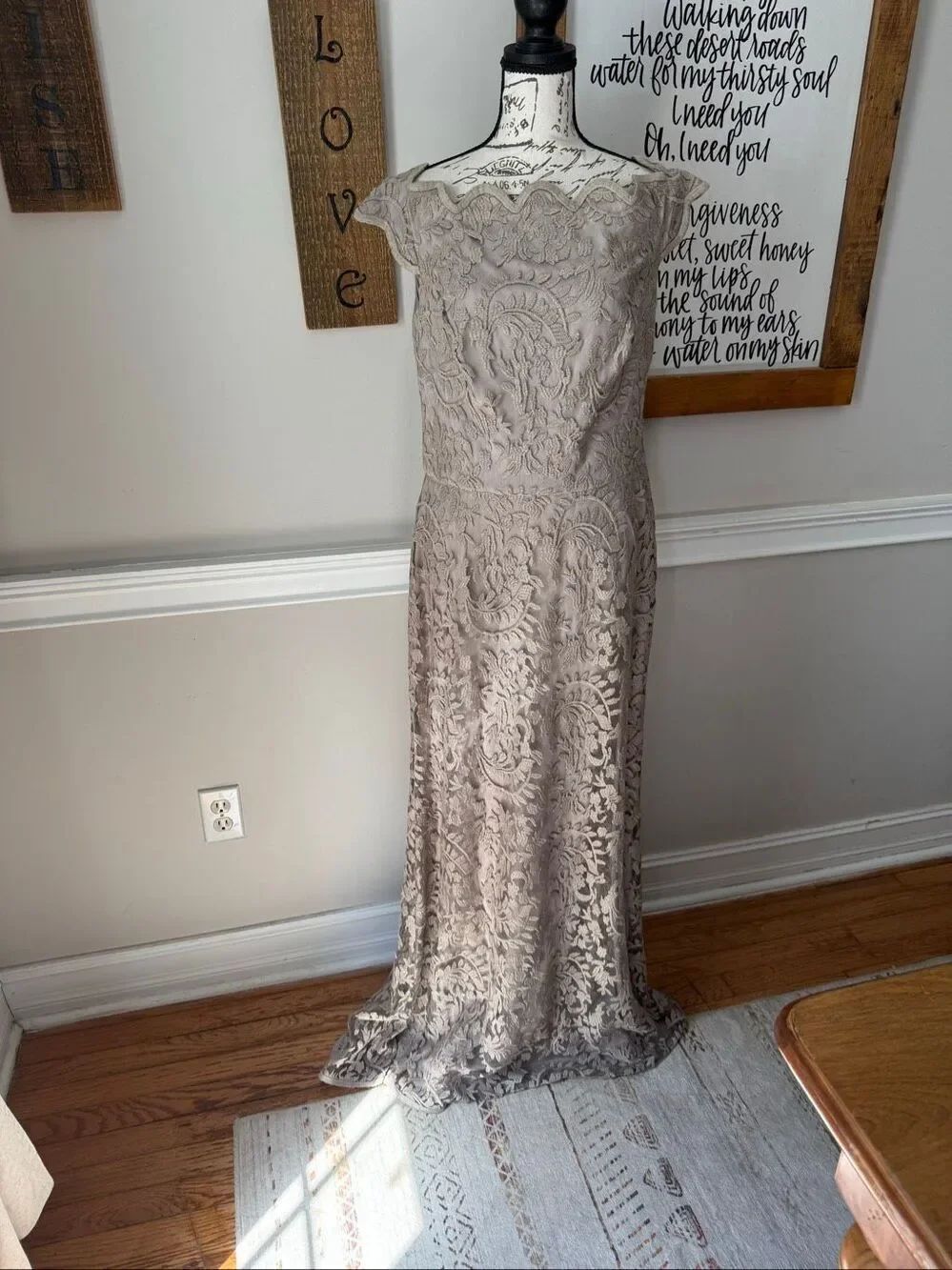 Tadashi Shoji Women's Off-Shoulder Embroidered Tulle Evening Gown Taupe Size 10
